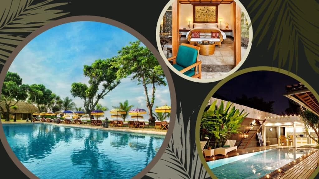 A stunning collage capturing the essence of The Oberoi Beach Resort - Seminyak in Bali, featuring breathtaking images of a serene swimming pool nestled within a lavish hotel setting.