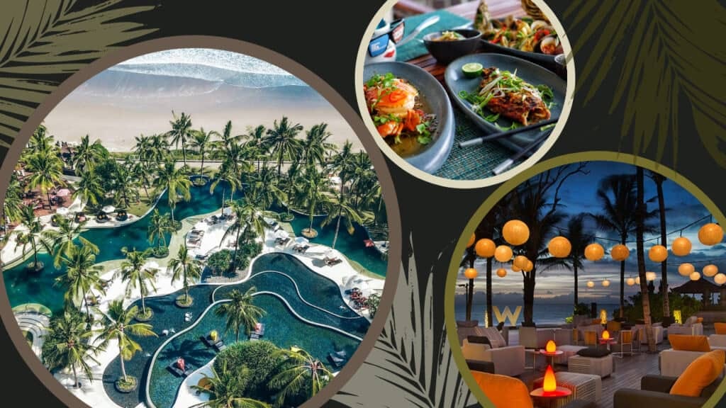 A collage of pictures depicting W Bali - Seminyak Hotel and a beach located in Bali, known for its exquisite hotels.