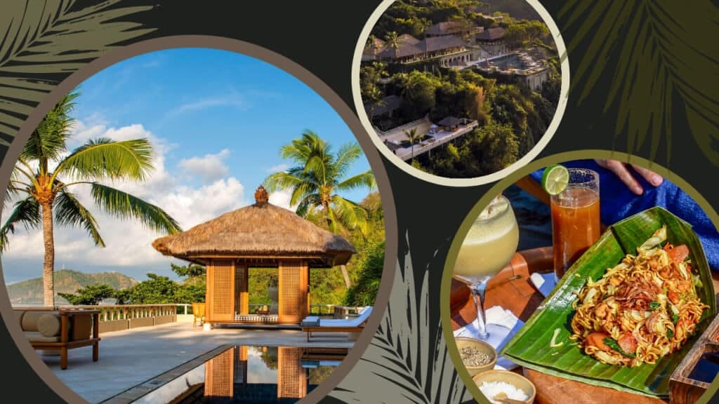 A vibrant collage showcasing delectable food, refreshing drinks, and a captivating pool in Bali.