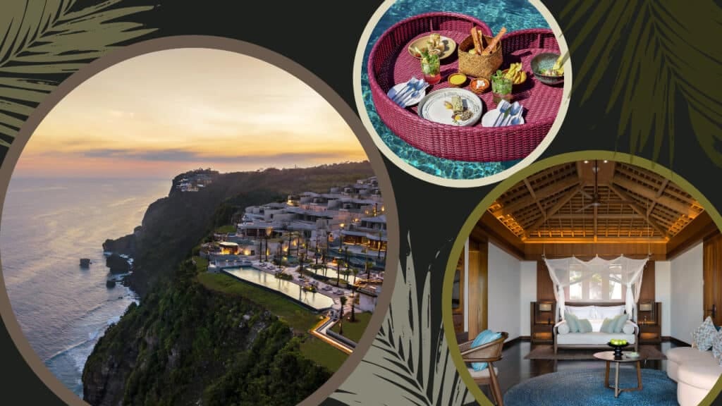 A collage of pictures showcasing the stunning cliffs and luxurious resort amidst the scenic beauty of Bali.
