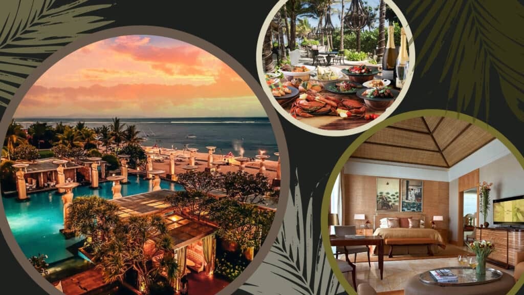 A stunning collage of pictures showcasing the luxurious pool and upscale resort amenities of The Mulia, Nusa Dua in Bali.