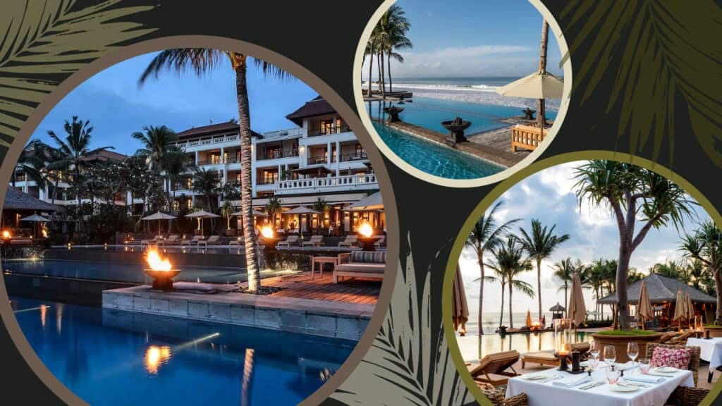 Pictures of The Legian Bali Hotel in Bali with a pool and palm trees.