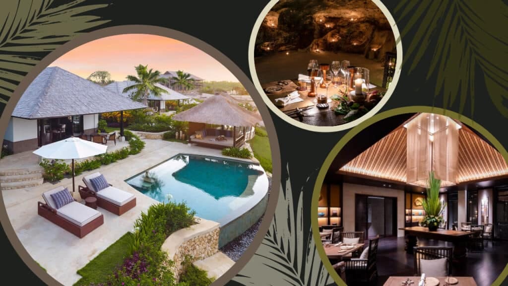 A stunning collage showcasing the captivating beauty of Raffles Bali Hotel set amidst the breathtaking allure of Bali, featuring an exquisite pool that epitomizes pure tropical bliss.