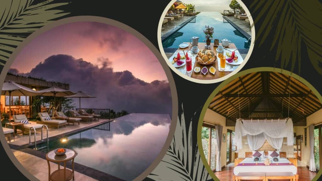 A collection of images showcasing a luxurious resort and its serene pool, perfect for those seeking sublime accommodations amidst the beauty of Bali.