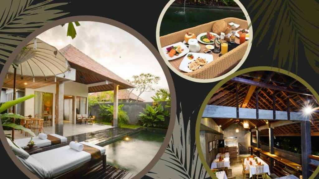 A captivating montage showcasing Purana Boutique Resort and hotel in Bali, featuring splendid images of a restaurant and an exquisite pool.