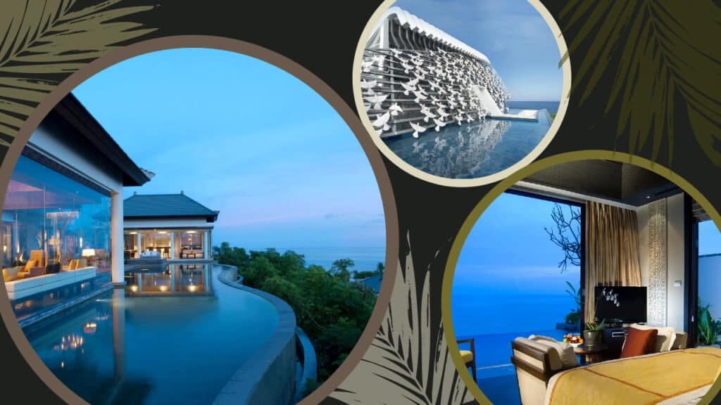 Three pictures of a resort with a pool and a breathtaking view of the ocean in Bali.