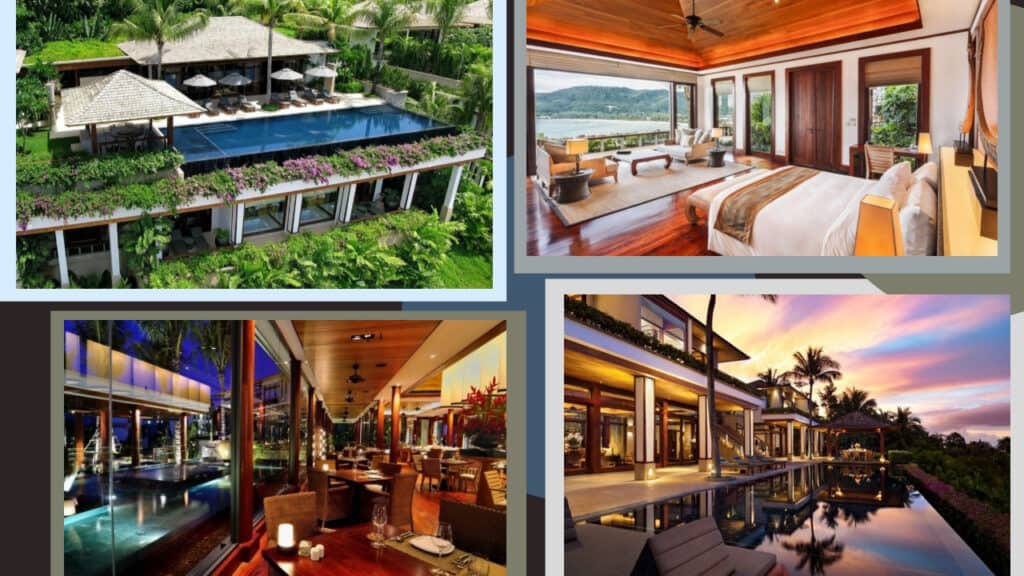 Four pictures of hotels in Phuket with a swimming pool.