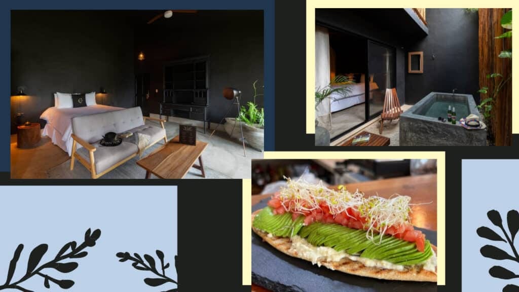 A collage of photos showcasing the best Tulum hotels, featuring a beautifully furnished room with a comfortable bed and a stylish bedside table.