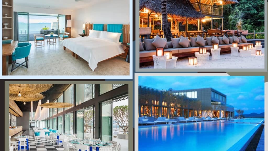 Four pictures of hotels in Phuket with a swimming pool.