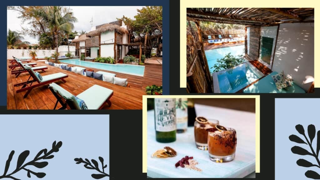 A collage of photos showcasing the best Tulum hotels, featuring a pool and a bar.