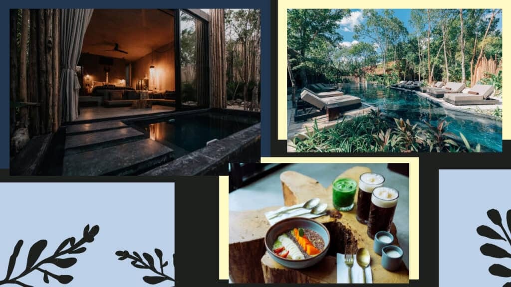A collage of photos showcasing the pool and restaurant at one of the best Tulum hotels.