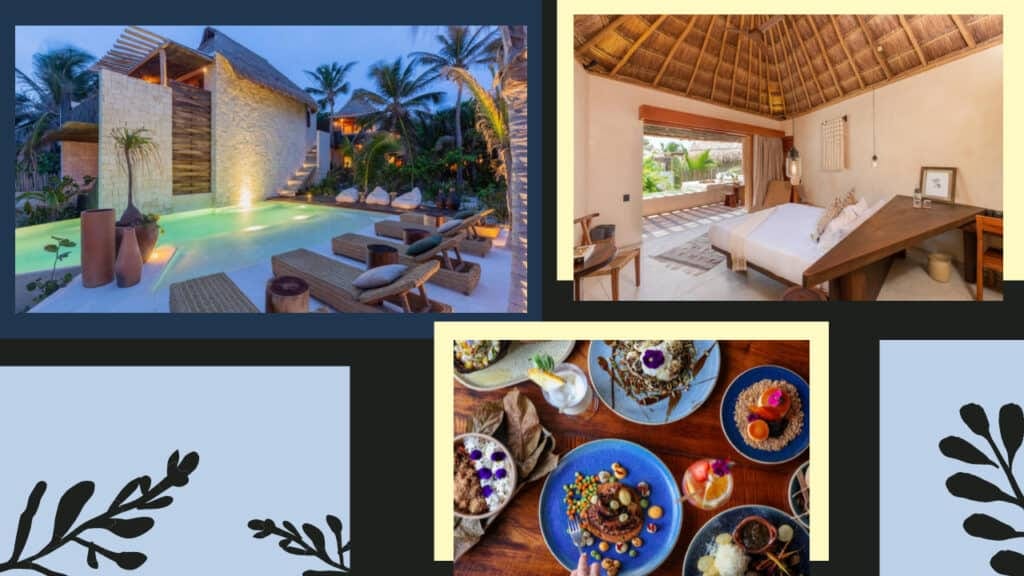 A collage of pictures showcasing the best Tulum hotels, including a luxurious hotel, an exquisite restaurant, and a refreshing pool.