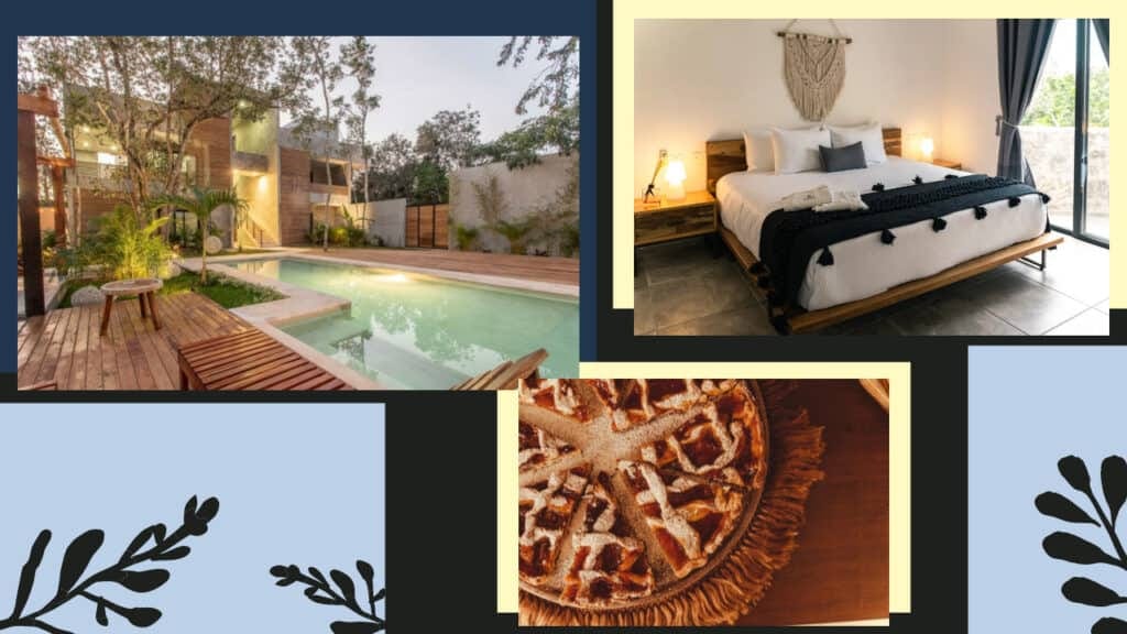 A collage of photos showcasing the best Tulum hotels, featuring a stunning pool and mouthwatering pizza.