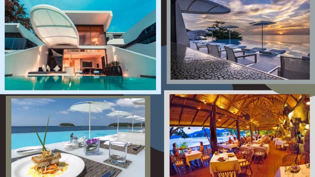 A collage of pictures of different resorts and hotels in Phuket.