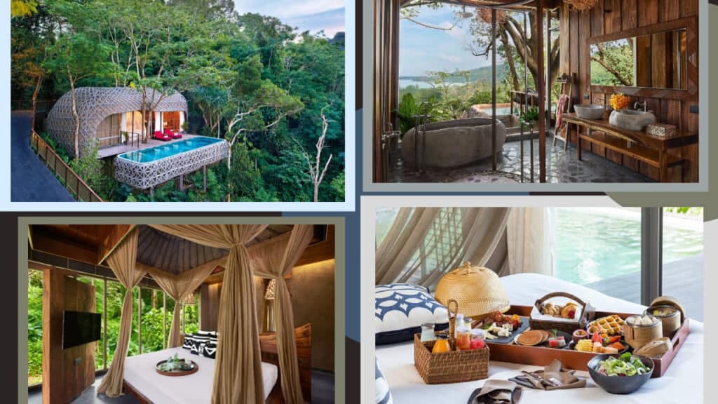 Four pictures of hotels in Phuket with a bed and a hammock.