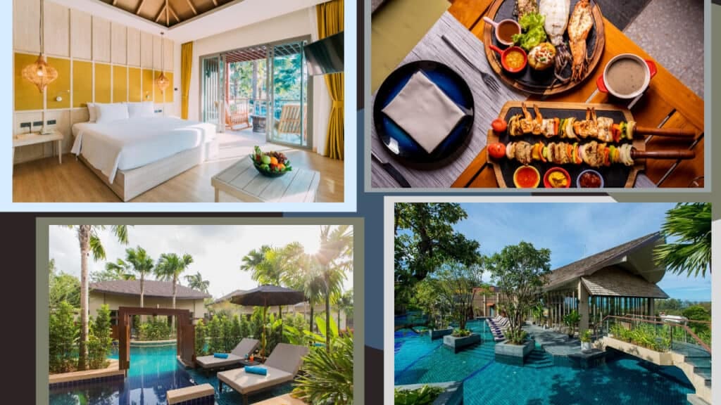 A stunning collage showcasing a luxurious resort with a mesmerizing swimming pool, set against the backdrop of Phuket's tropical paradise.