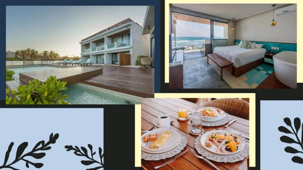 A collage of pictures showcasing the best Tulum hotels and idyllic beach views.