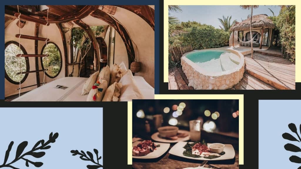 A captivating collage showcasing the best tulum hotels, featuring a mesmerizing tree house and an inviting pool.