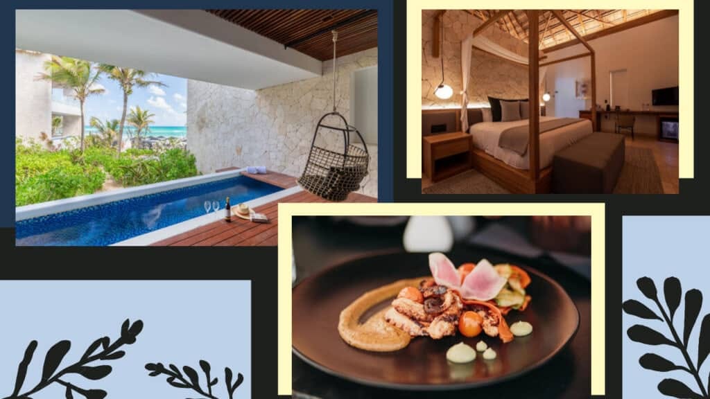 A collage of pictures showcasing the best Tulum hotel room and pool.