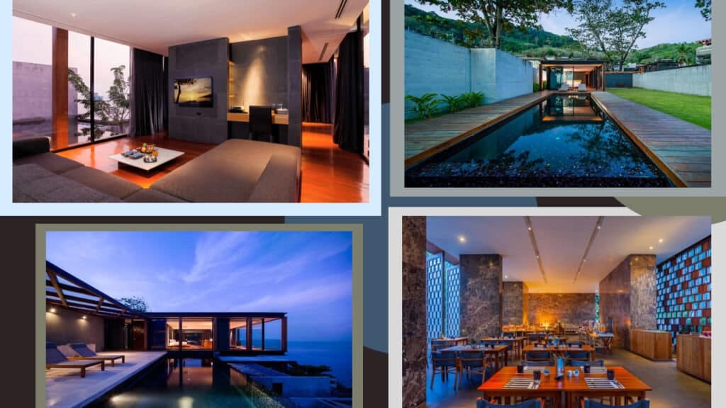 Four pictures of a house featuring a swimming pool, resembling luxurious hotels in Phuket.