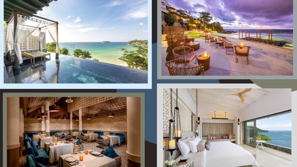 Four pictures of hotels in Phuket with a view of the ocean.