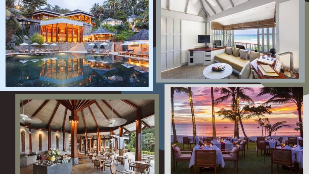 A stunning collage showcasing various luxurious hotels in Phuket, each boasting their own magnificent pool.