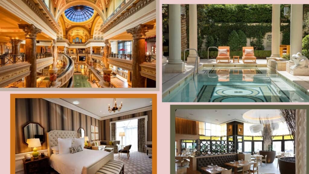 A collage of pictures of Las Vegas hotels with swimming pools.