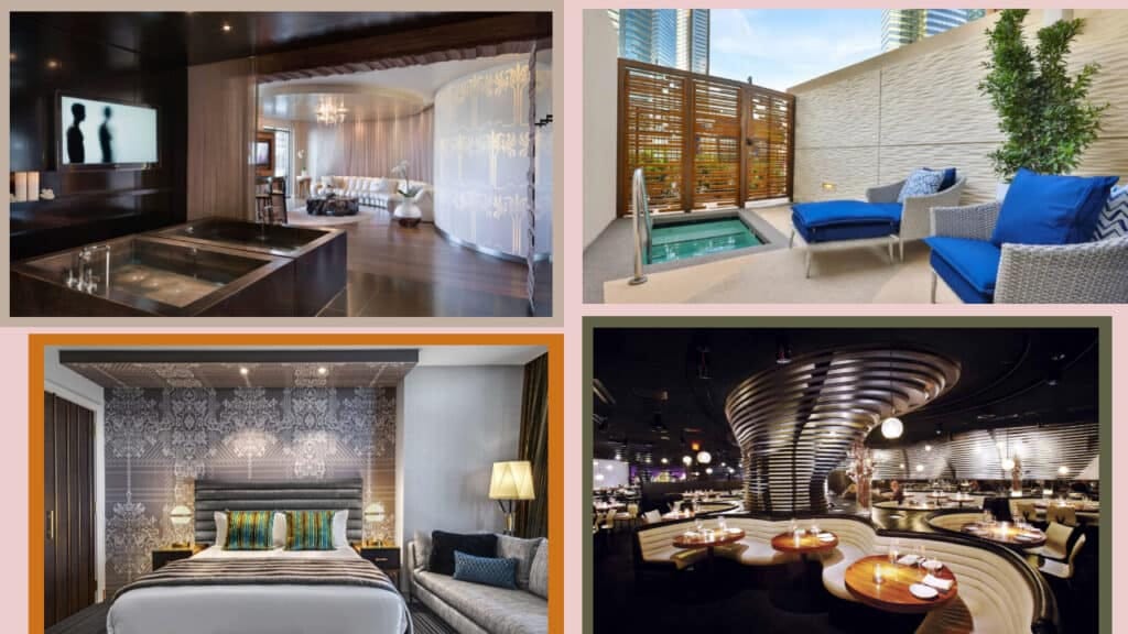 A collage of pictures showcasing luxurious hotel rooms in Las Vegas.