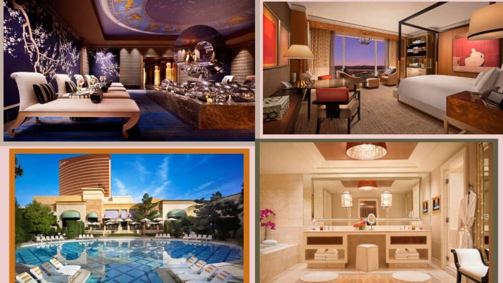 Four pictures of luxurious hotel rooms in Las Vegas with an exquisite swimming pool.