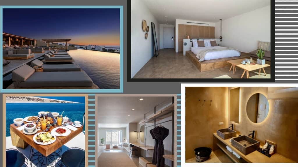 A collage of pictures showcasing the breathtaking hotel rooms in Greece.