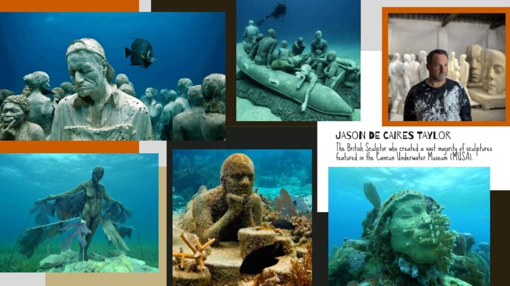 A collage of pictures of statues in the ocean near Cancun hotels.
