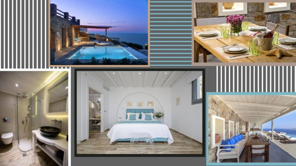 A stunning collage capturing the elegance of hotel rooms and the refreshing allure of swimming pools in Greece.