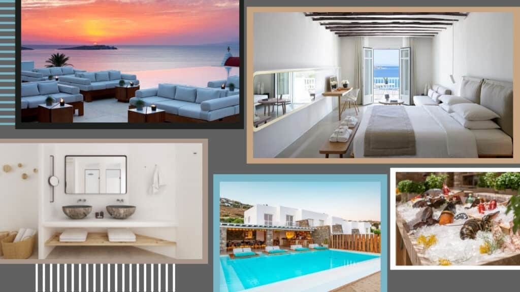 A stunning collage capturing the beauty of Greece's hotels, featuring breathtaking views of a pool and beach.