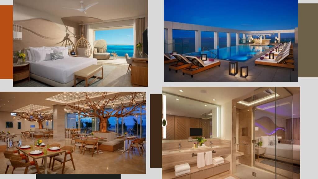 Four pictures of a hotel room with a swimming pool in Cancun hotels.