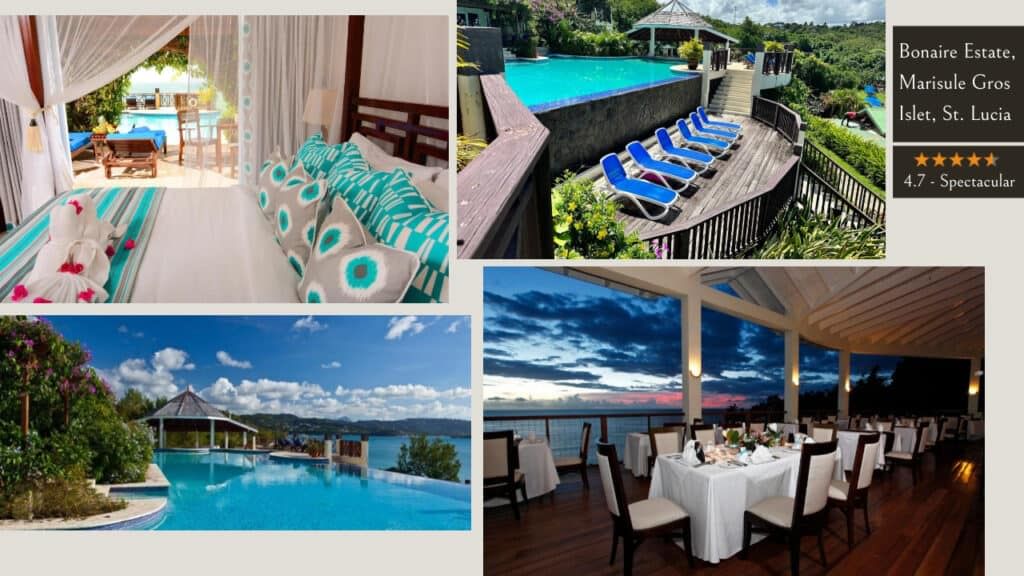 A collage of pictures showcasing mesmerizing views of a luxurious hotel and its breathtaking pool in St. Lucia.