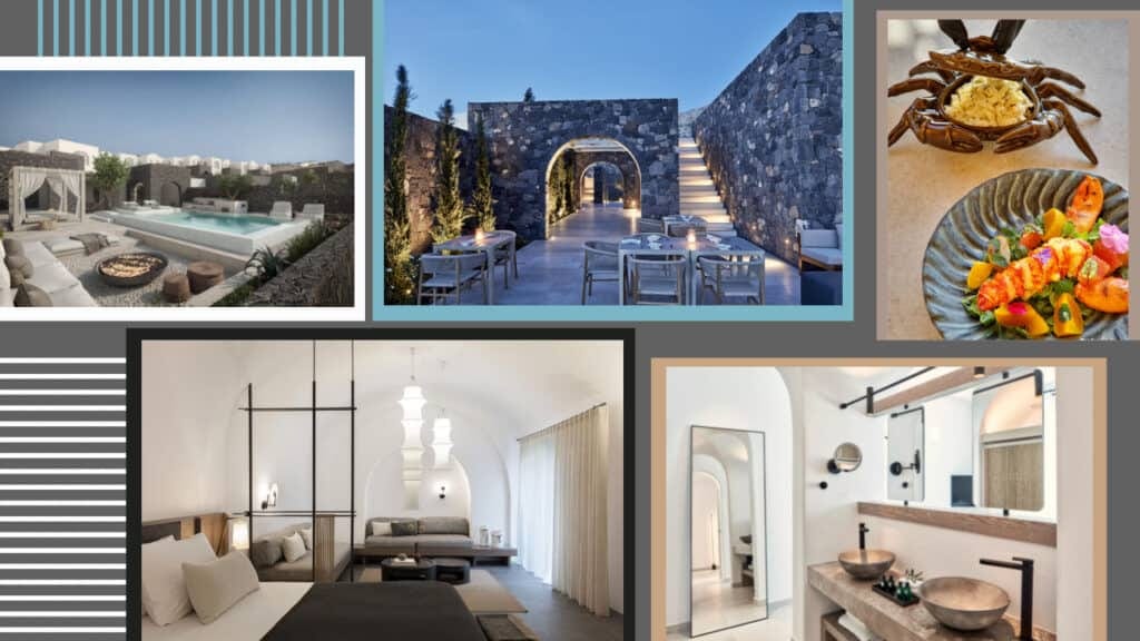 A collage of pictures of hotels with stunning swimming pools, located in Greece.