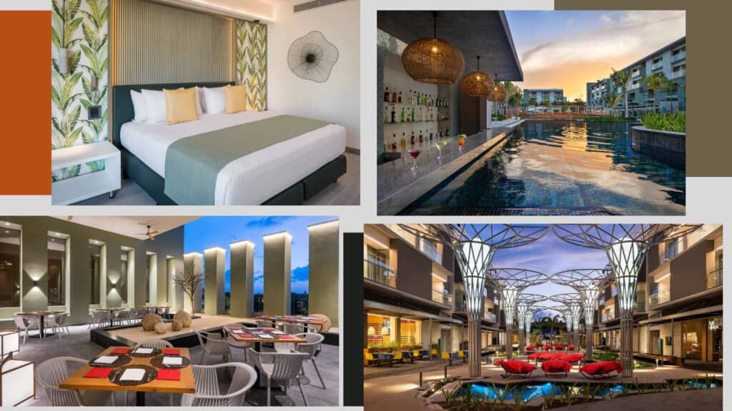 A collage of photos showing a hotel and a swimming pool in Cancun.