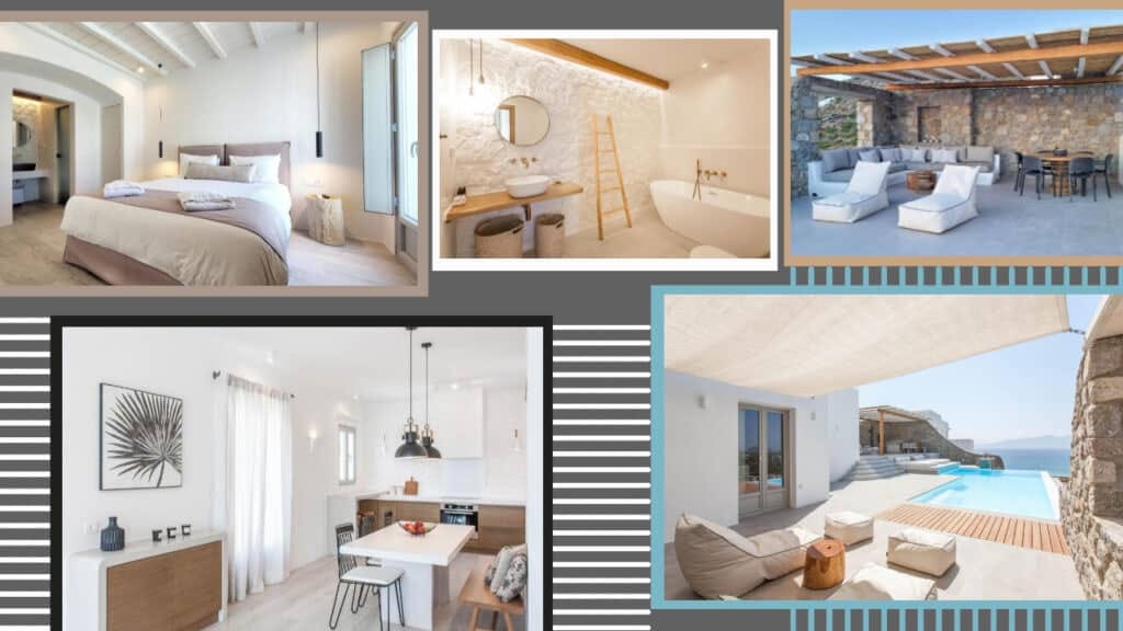 A collage of pictures showcasing stunning Greek hotels and their mesmerizing pools.