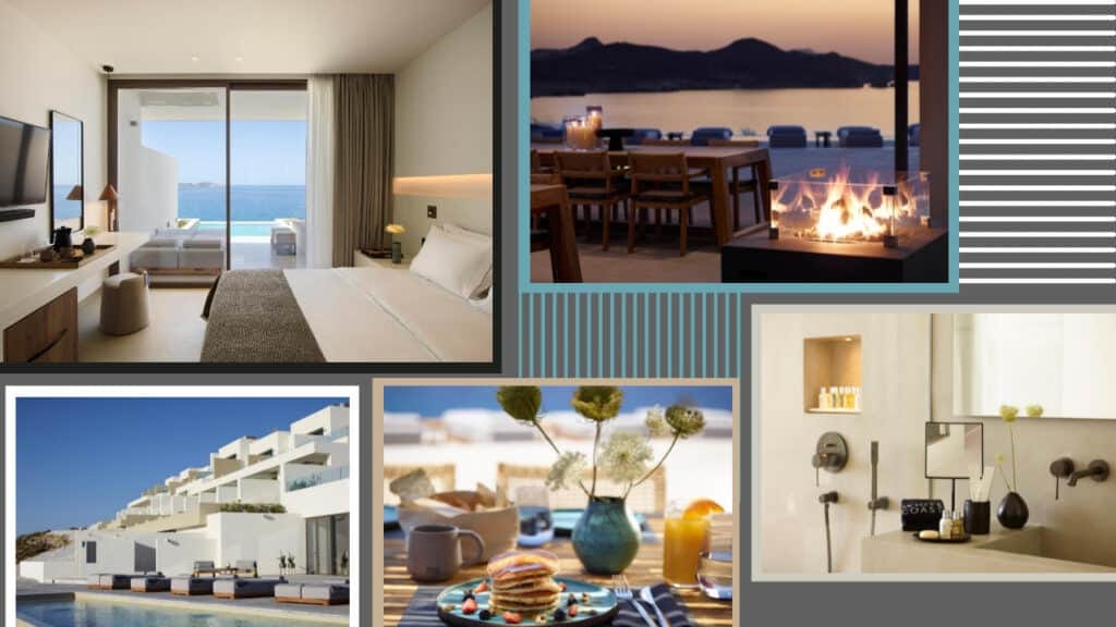 A collage of pictures showcasing a luxurious hotel room and an exquisite pool in Greece.
