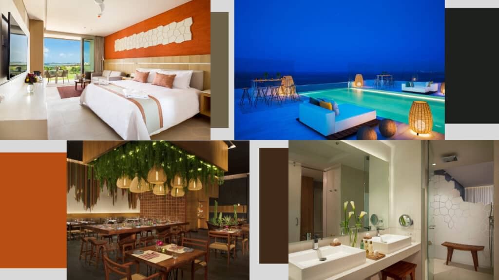 A collage of pictures showcasing a luxurious hotel room with a stunning swimming pool in Cancun.