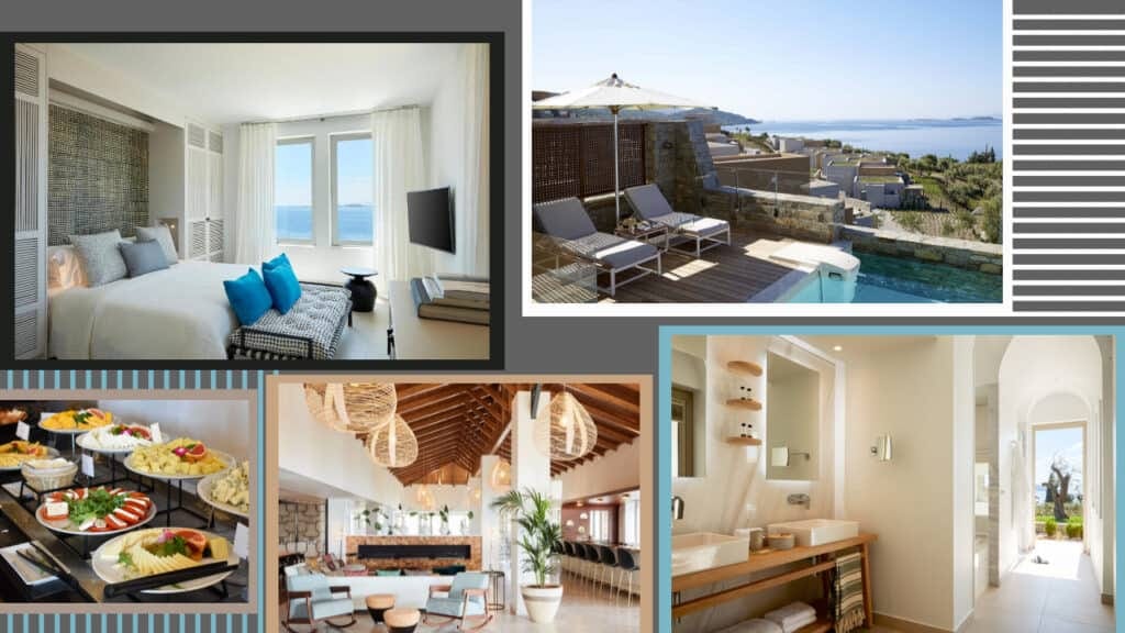 A collage of photos showcasing a breathtaking hotel room with a mesmerizing ocean view in Greece.