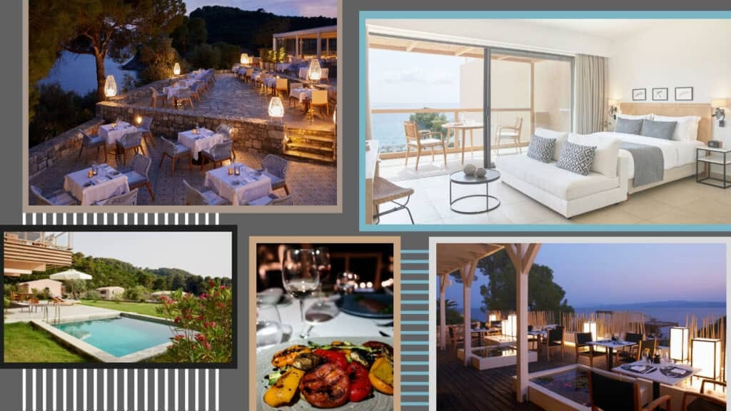 A mesmerizing collage of pictures showcasing the enchanting hotels in Greece, featuring delightful views of serene pools.