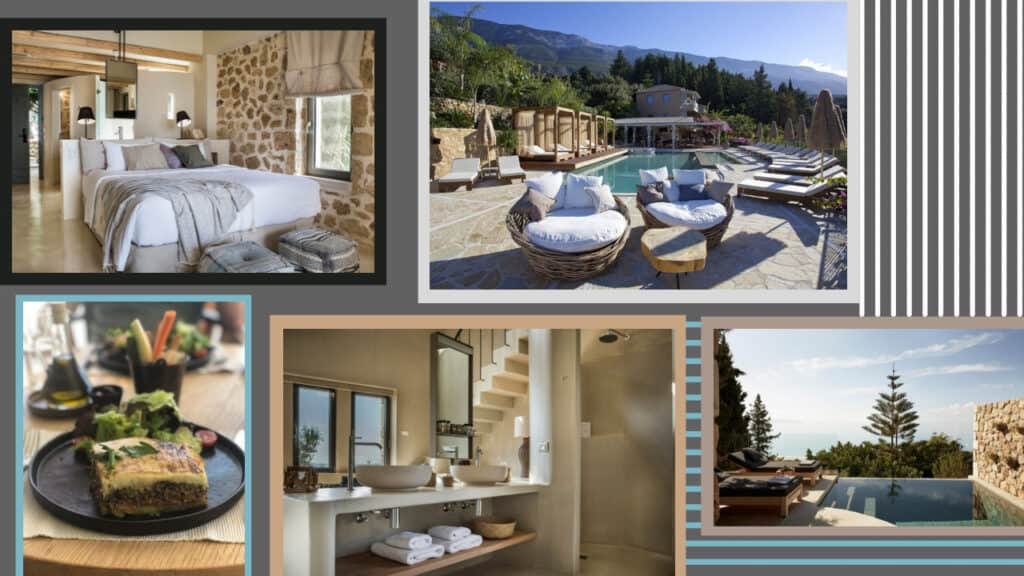 A collection of pictures showcasing the stunning hotels and luxurious pools in Greece.