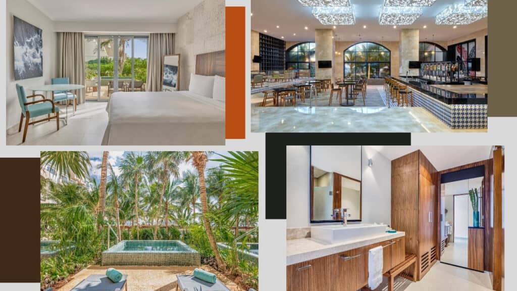 A collage of pictures of a hotel room and a pool in Cancun, showcasing stunning accommodations and luxurious swimming facilities.