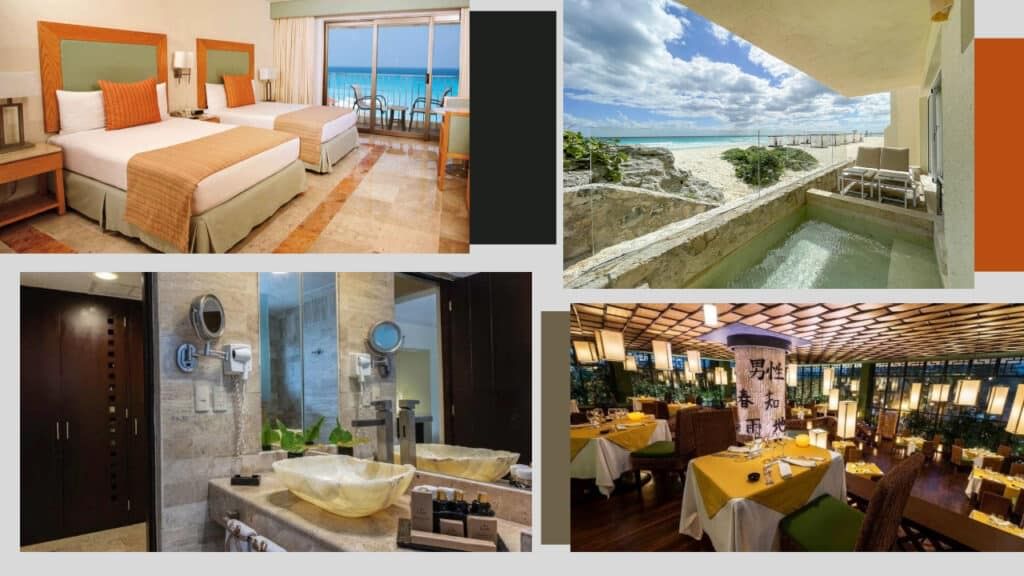 Four pictures of Cancun hotels with a breathtaking view of the ocean.