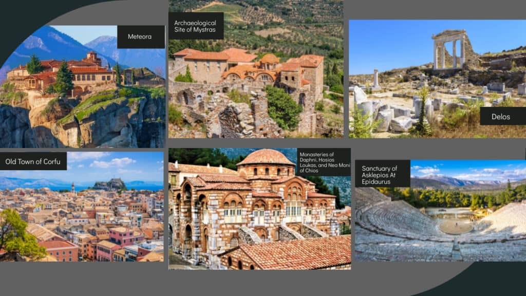 A series of pictures of ancient buildings in Greece.