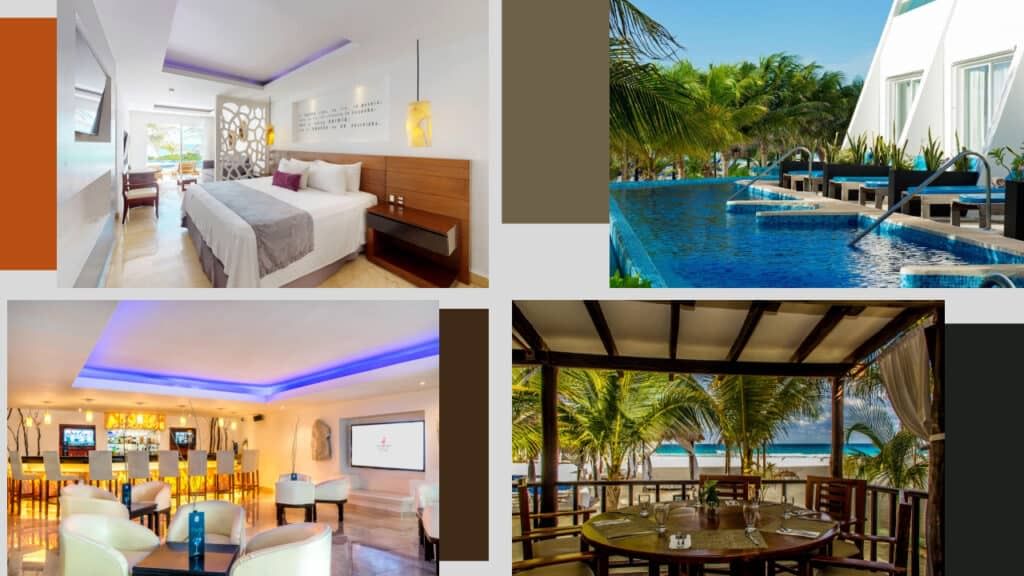 Four pictures of a hotel in Cancun with a swimming pool.