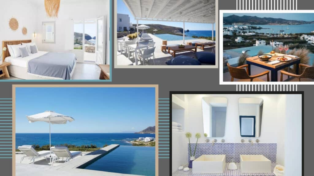 A collage of pictures showcasing a vibrant Greek hotel with stunning views of the beach and a refreshing pool.