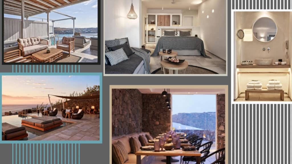 A mesmerizing collage capturing the enchanting allure of Greece's hotels and restaurants.