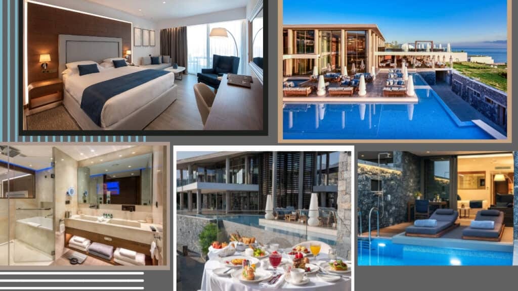 A collage of pictures showcasing the stunning beauty of Greece's hotels and swimming pools.